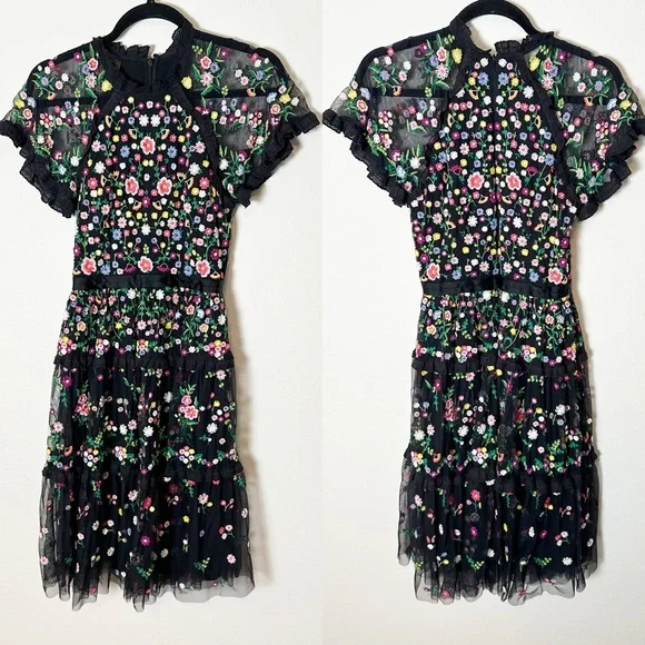 Needle & Thread Lazy Daisy Multicolor Floral Embroidered Black Midi Dress 4 - Picture 4 of 11